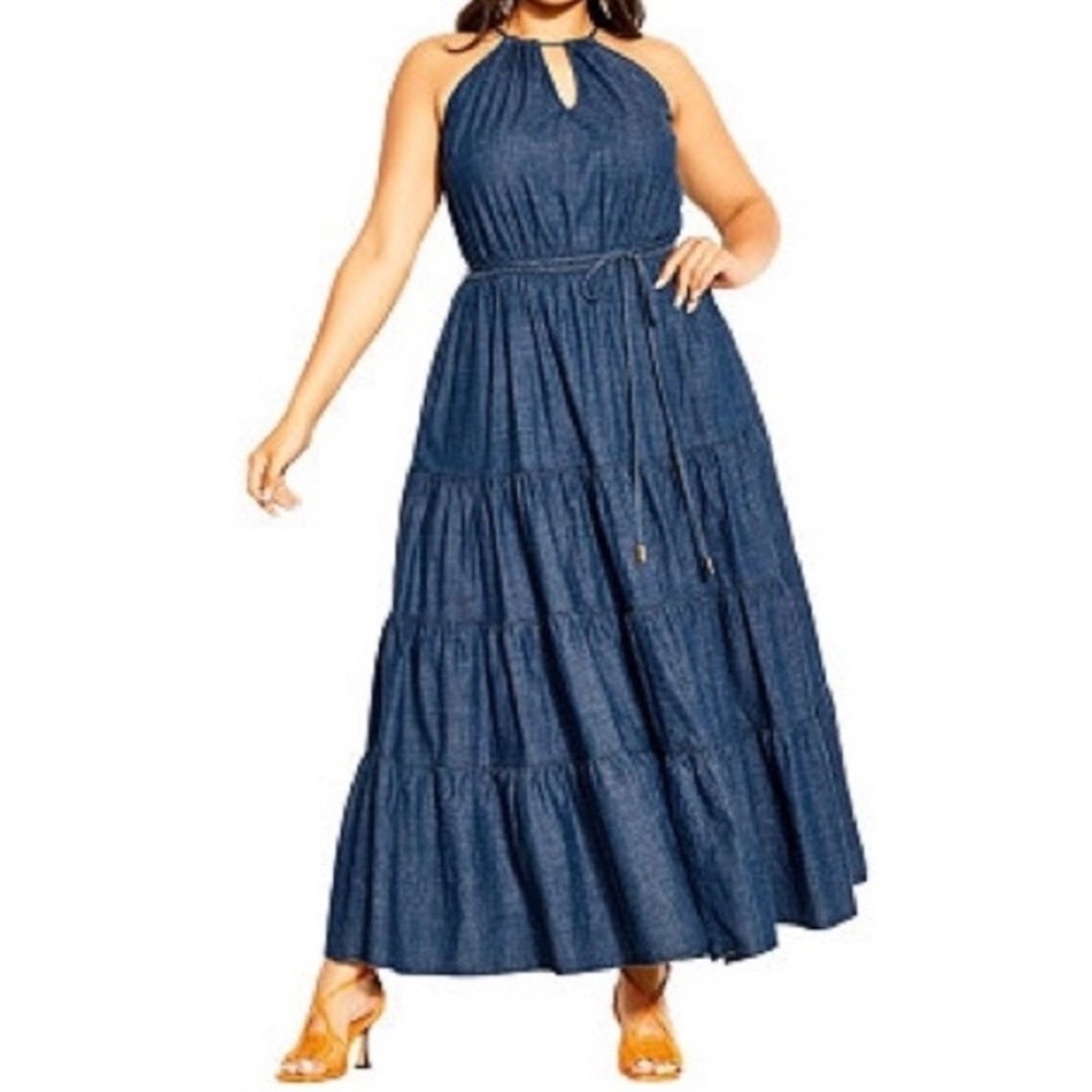 City Chic Plus Size 16 Hamptons Denim Tier Halter Tie Waist Maxi Dress Pockets